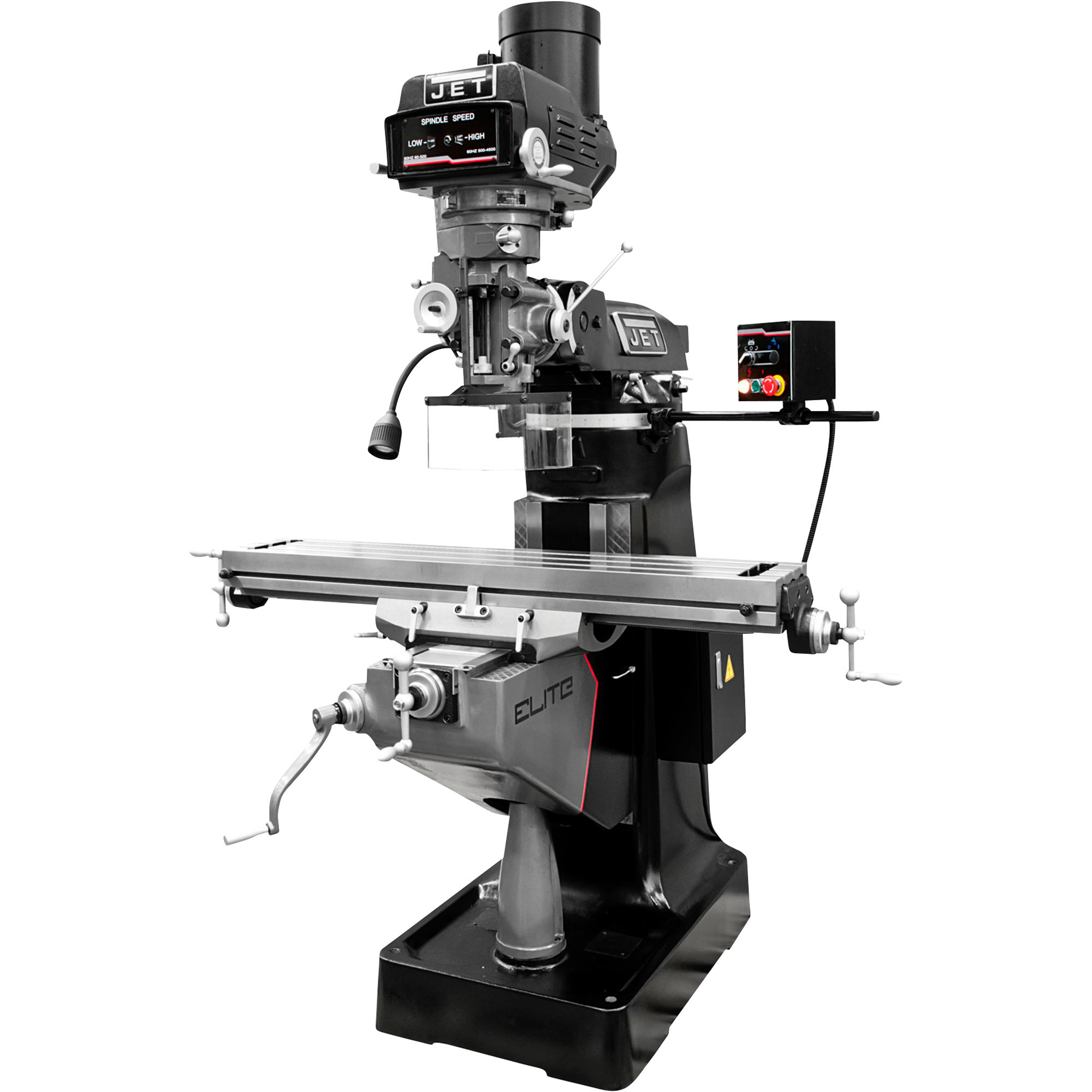 JET Elite Mill with 2-Axis ACU-RITE 203 DRO, X, Y, Z-Axis Powerfeeds and Power Air Draw Bar, 9in. x 49in. Table, 3 HP, Model# ETM-949